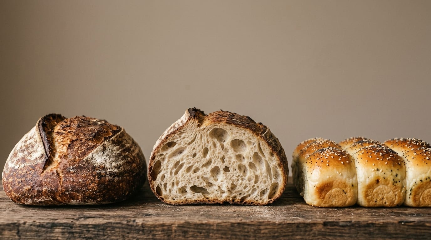 Two rustic loaves and a row of seeded stuffed buns on a timber counter, one loaf torn to show the crumb.