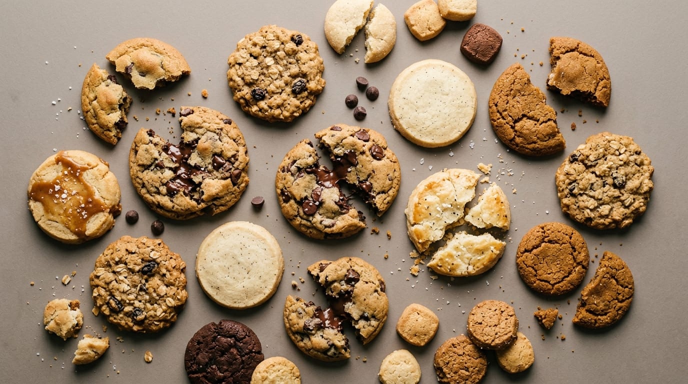 An overhead scatter of cookies and small bites, several broken to show the texture.