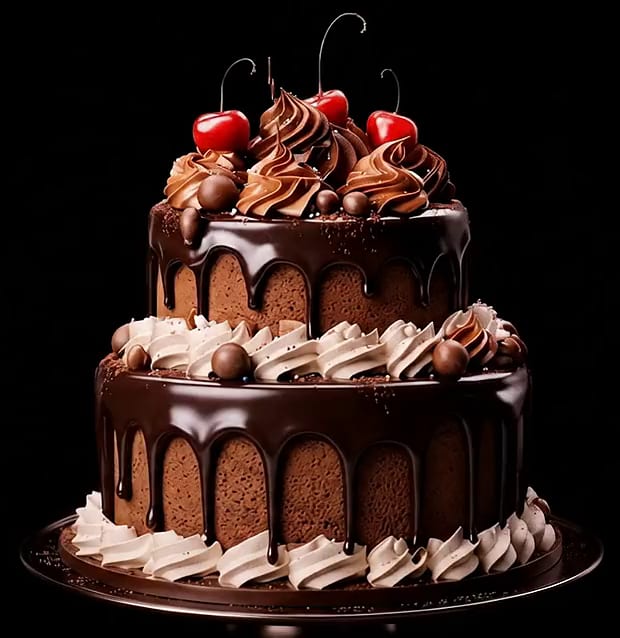 A two-tier chocolate cake with a glossy ganache drip, piped cream and glacé cherries, turning slowly.
