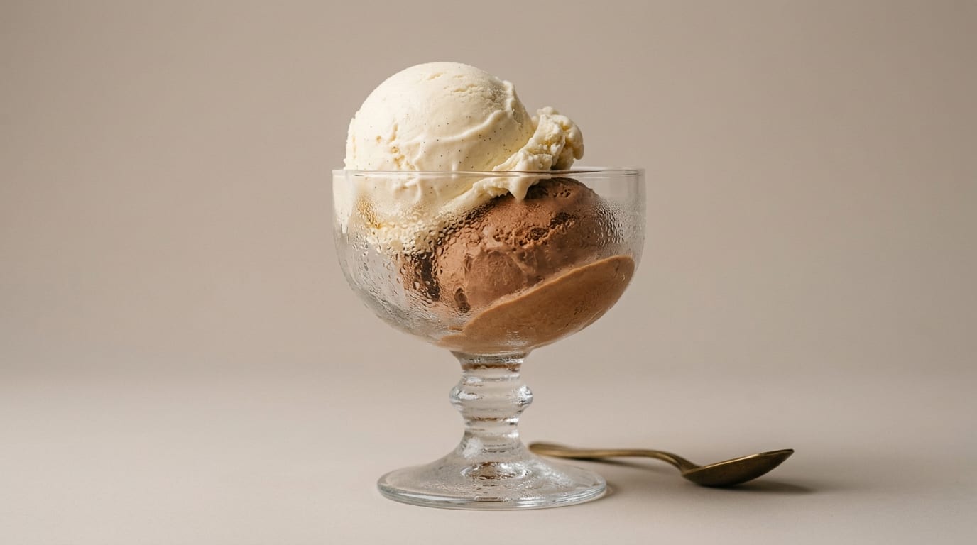 Two scoops of ice cream in a footed glass coupe with a spoon resting alongside.