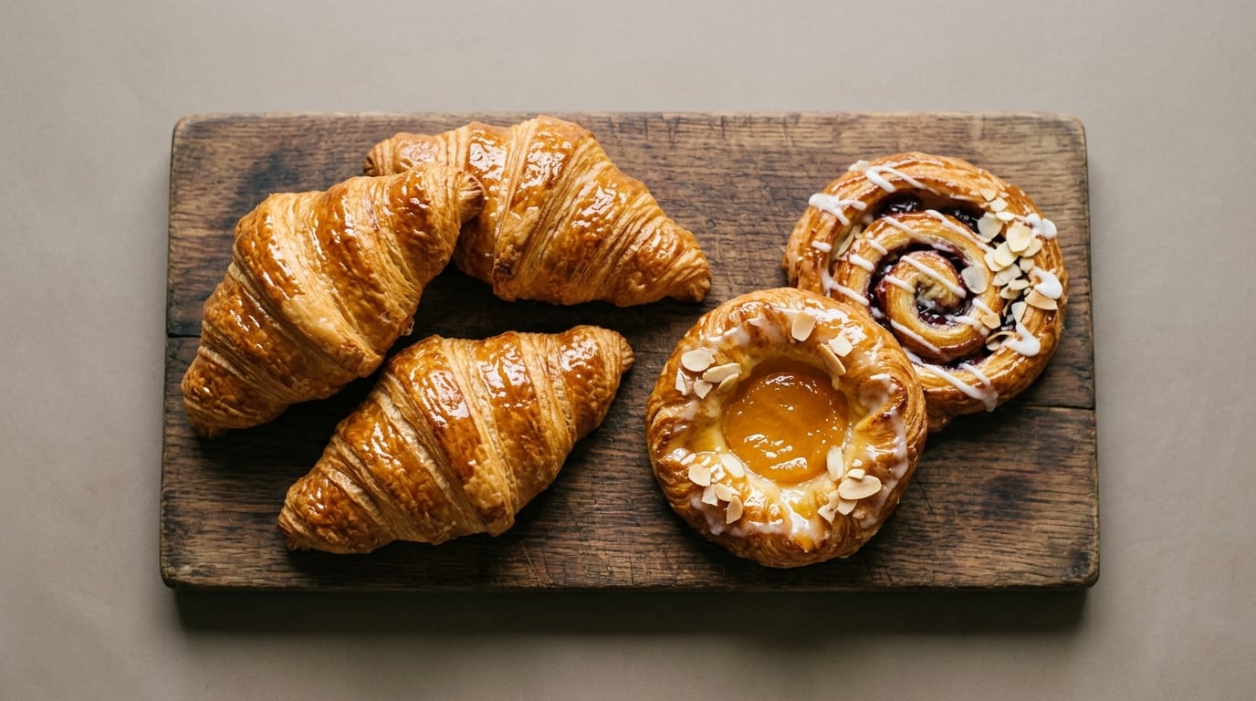 Croissants and Danish pastries on a dark timber board, glaze catching the light.
